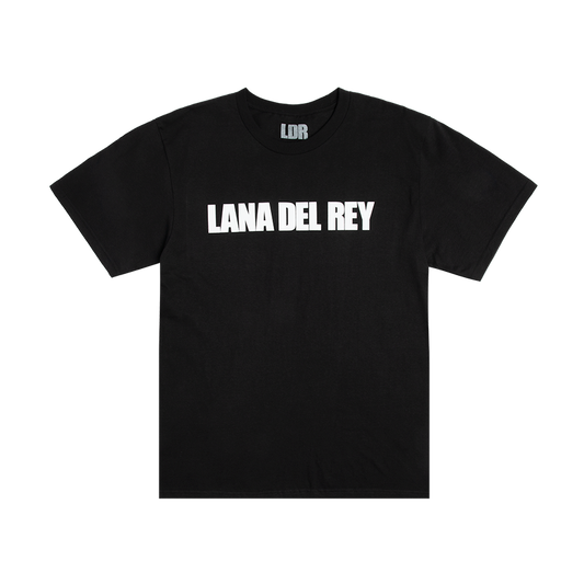 Front view of the Lana Del Rey Logo Black T-Shirt featuring a bold white Lana Del Rey logo printed across the chest on a classic black cotton tee with a clean minimalist design.