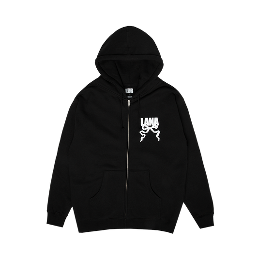 Front view of the Lana Del Rey Logo Black Zip-Up Hoodie featuring a bold white LANA logo with a ribbon bow graphic on the chest, full-length zipper, hood, and kangaroo pockets on a black hoodie.