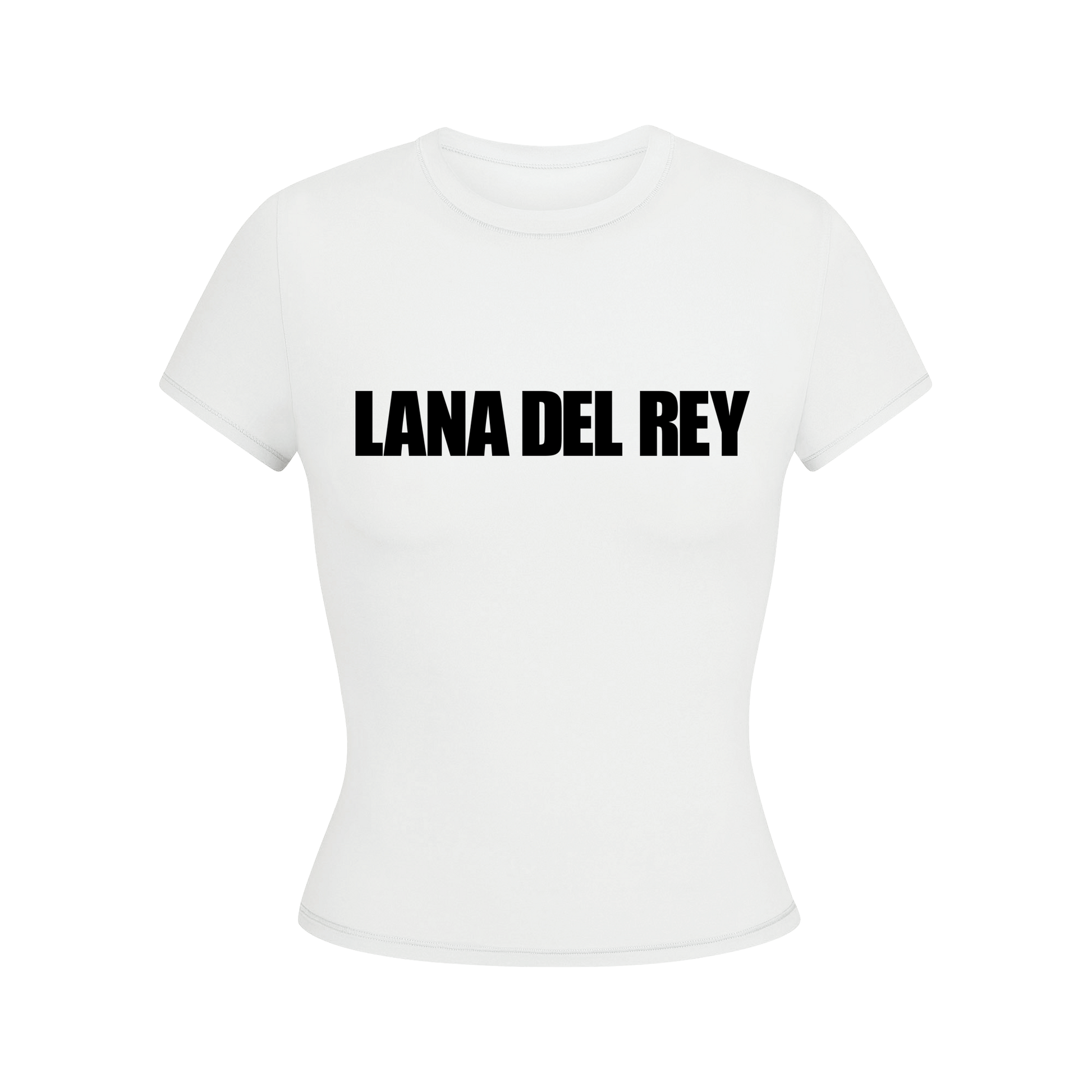 Front view of the Lana Del Rey Logo White Baby Tee featuring a bold black Lana Del Rey logo printed across the chest on a fitted white baby tee with a clean minimalist aesthetic inspired by classic fan merch.