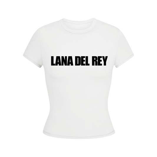 Front view of the Lana Del Rey Logo White Baby Tee featuring a bold black Lana Del Rey logo printed across the chest on a fitted white baby tee with a clean minimalist aesthetic inspired by classic fan merch.
