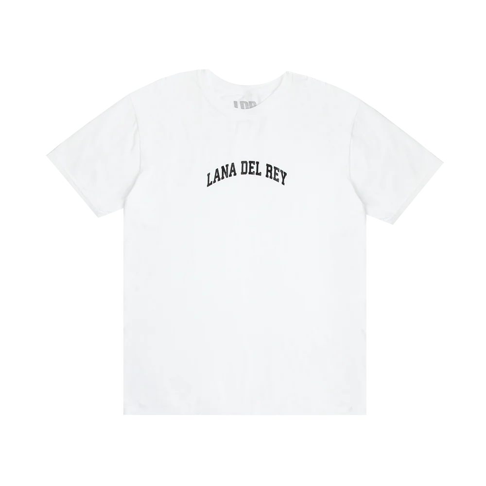 Front view of the Lana Del Rey Logo White T-Shirt featuring a curved black Lana Del Rey logo printed across the chest on a classic white cotton tee with a clean minimalist vintage-inspired design.