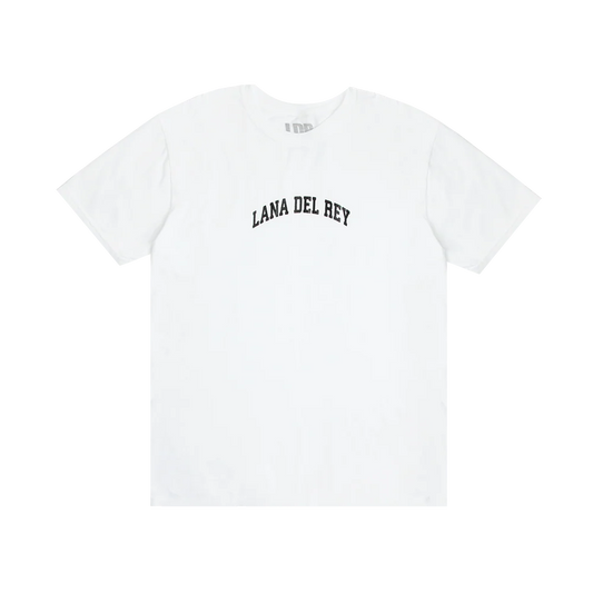 Front view of the Lana Del Rey Logo White T-Shirt featuring a curved black Lana Del Rey logo printed across the chest on a classic white cotton tee with a clean minimalist vintage-inspired design.