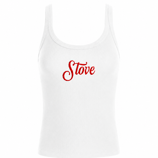 Front view of the Lana Del Rey Stove Lightweight Ribbed Tank Top in white featuring a fitted ribbed silhouette with elegant red embroidered "Stove" script across the chest, inspired by Lana Del Rey's upcoming album merchandise.
