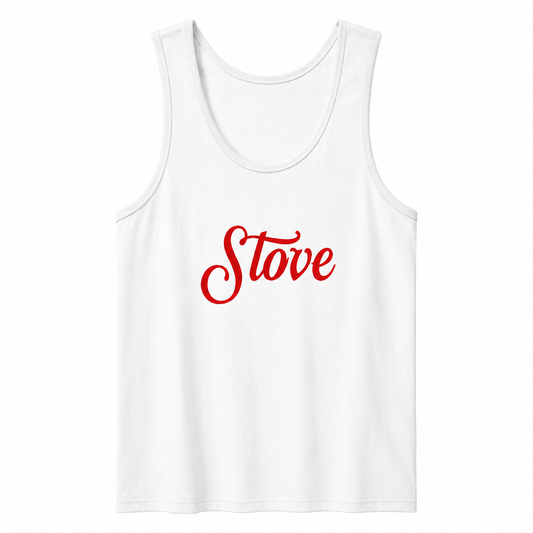 Front view of the Lana Del Rey Stove Ribbed Scoop Neck Tank Top in white featuring elegant red embroidered "Stove" script on a classic ribbed scoop neck sleeveless tank, inspired by Lana Del Rey's upcoming Stove album merchandise.