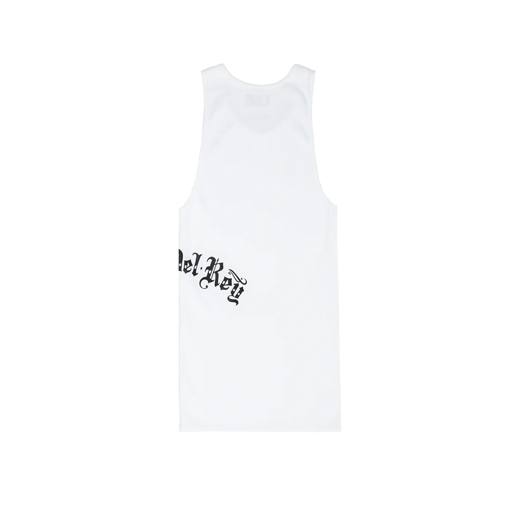 Back view of the Lana Del Rey White Ribbed Print Tank Top featuring gothic Lana Del Rey script wrapping around the side of the white ribbed sleeveless tank with a clean minimalist back design.