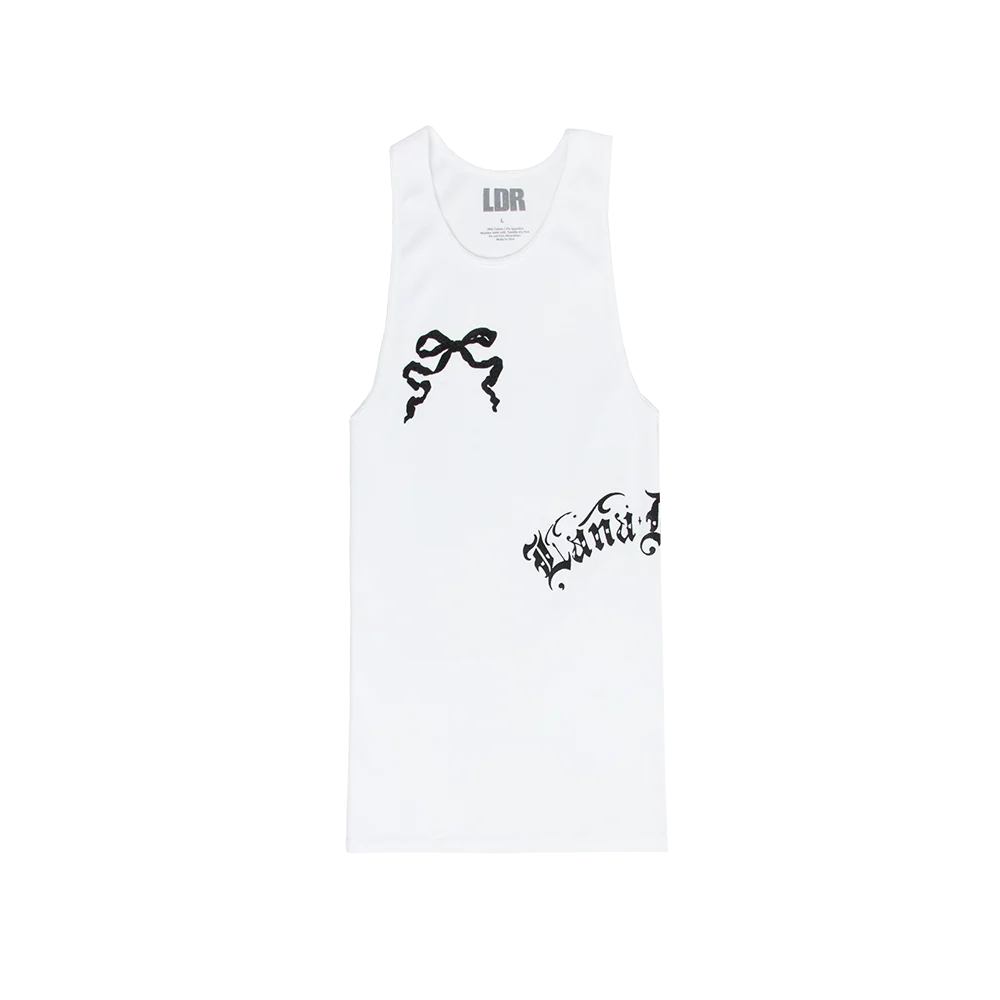 Front view of the Lana Del Rey White Ribbed Print Tank Top featuring a black ribbon bow graphic on the chest and gothic Lana Del Rey script printed on a white ribbed sleeveless tank with a minimalist vintage aesthetic.