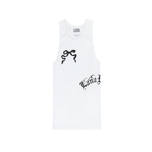 Front view of the Lana Del Rey White Ribbed Print Tank Top featuring a black ribbon bow graphic on the chest and gothic Lana Del Rey script printed on a white ribbed sleeveless tank with a minimalist vintage aesthetic.