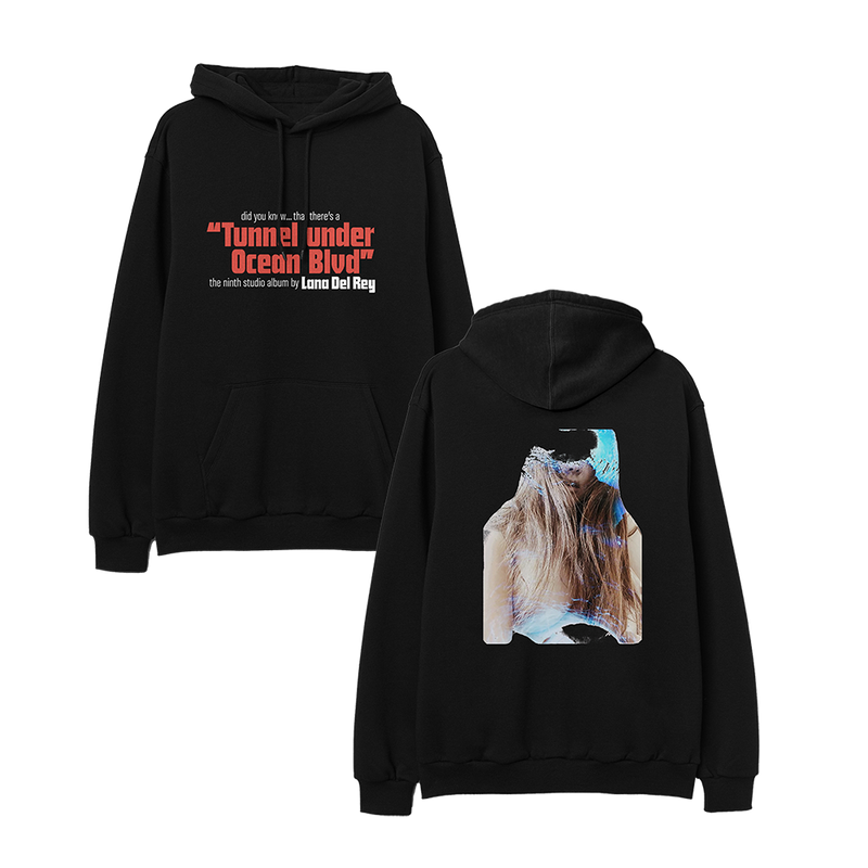 Front view of the Ocean Blvd Black Album Art Hoodie featuring the Tunnel Under Ocean Blvd album title in bold red lettering on a black pullover hoodie inspired by Lana Del Rey's ninth studio album.