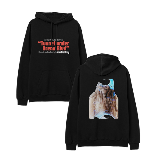 Front view of the Ocean Blvd Black Album Art Hoodie featuring the Tunnel Under Ocean Blvd album title in bold red lettering on a black pullover hoodie inspired by Lana Del Rey's ninth studio album.