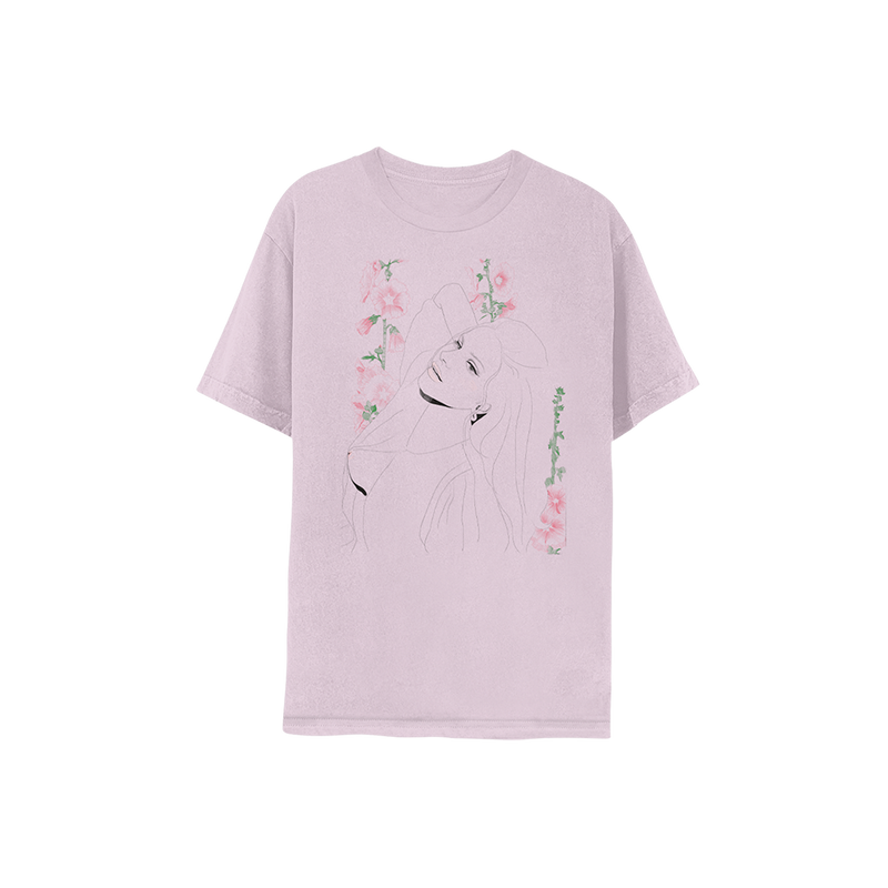 Front view of the Ocean Blvd Lilac Illustration T-Shirt featuring a delicate line-art portrait of Lana Del Rey surrounded by pink floral artwork on a soft lilac cotton tee inspired by the Did You Know That There's a Tunnel Under Ocean Blvd era.