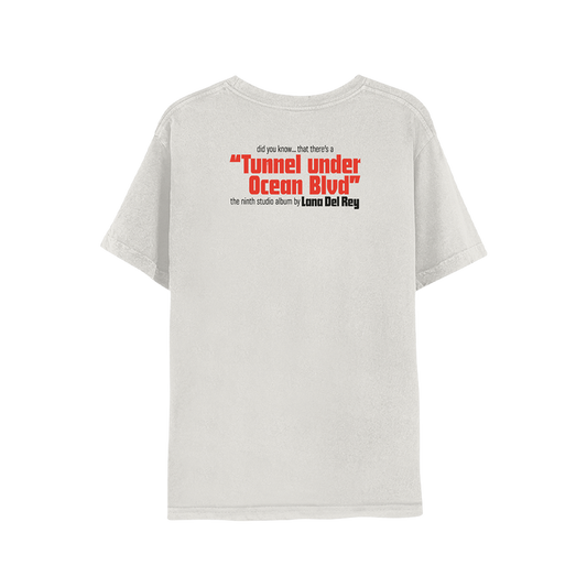 Back view of the Ocean Blvd Natural Album Cover T-Shirt with bold red Tunnel Under Ocean Blvd album title and Lana Del Rey ninth studio album text printed on a natural vintage-style graphic tee for fans.