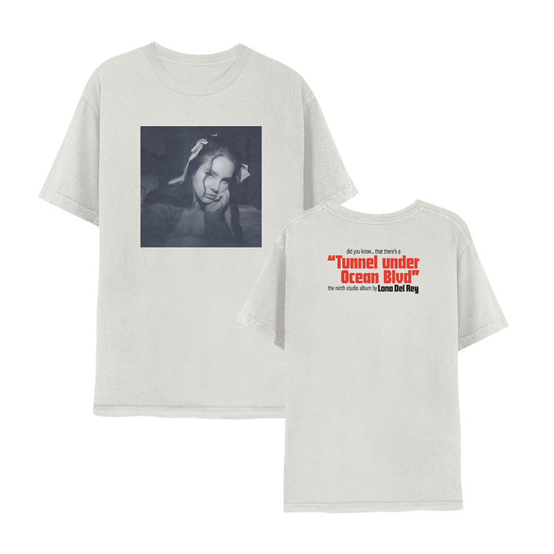 Front view of the Ocean Blvd Natural Album Cover T-Shirt featuring a black and white Lana Del Rey portrait graphic on a natural cotton tee inspired by the Did You Know That There's a Tunnel Under Ocean Blvd album, vintage-style Lana Del Rey merch.