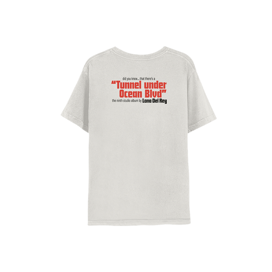 Back view of the Ocean Blvd Natural Photo T-Shirt with bold red Tunnel Under Ocean Blvd album title and Lana Del Rey ninth studio album text printed on a natural vintage-inspired fan merch graphic tee.