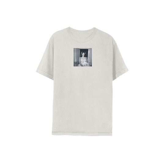 Front view of the Ocean Blvd Natural Photo T-Shirt featuring a black and white Lana Del Rey portrait printed on a natural cotton graphic tee inspired by the Did You Know That There's a Tunnel Under Ocean Blvd album, vintage-style Lana Del Rey merch.