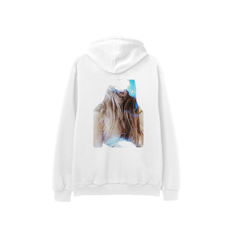 Back view of the Ocean Blvd White Album Art Hoodie featuring a large artistic Lana Del Rey portrait graphic with blue-toned visual effects printed on a white hoodie inspired by the Did You Know That There's a Tunnel Under Ocean Blvd era.