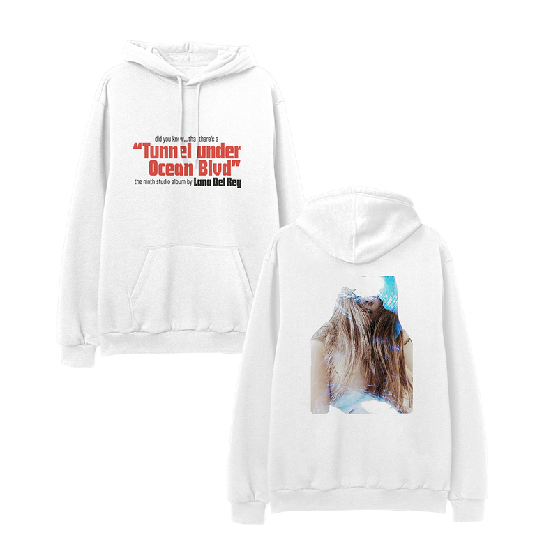 Front view of the Ocean Blvd White Album Art Hoodie featuring the Tunnel Under Ocean Blvd album title in bold red lettering on a white pullover hoodie inspired by Lana Del Rey's ninth studio album.