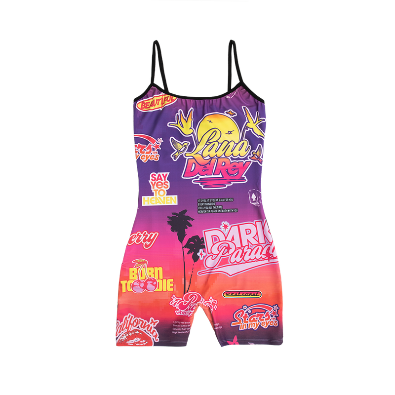Front view of the Paradise Print Bodysuit featuring an all-over sunset gradient with Lana Del Rey logo, Dark Paradise, Born to Die, Say Yes to Heaven, birds, palm trees, cherries, and retro-inspired graphics on a fitted sleeveless bodysuit.