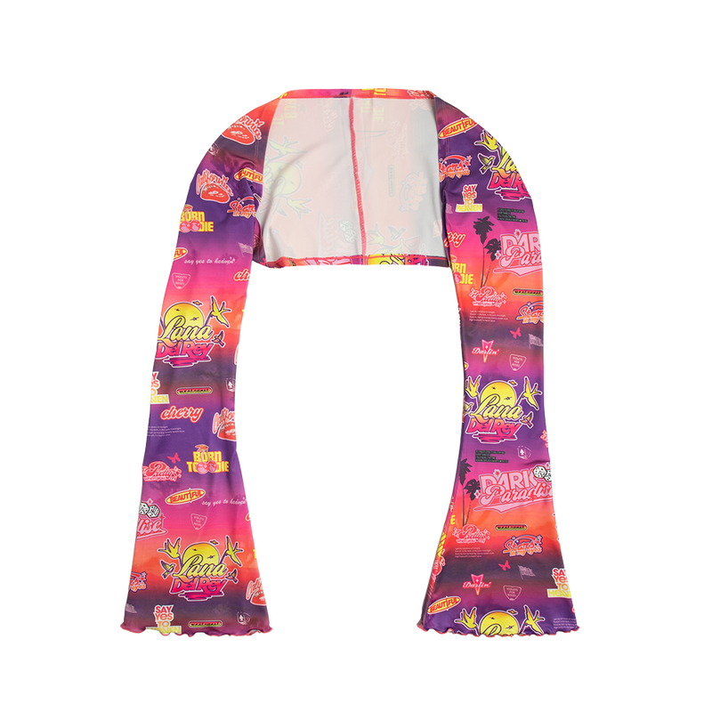 Front view of the Paradise Print Bolero Top featuring an all-over sunset gradient with Lana Del Rey logos, retro sticker graphics, palm trees, cherries, birds, and Paradise era inspired artwork on a sheer long-sleeve bolero.