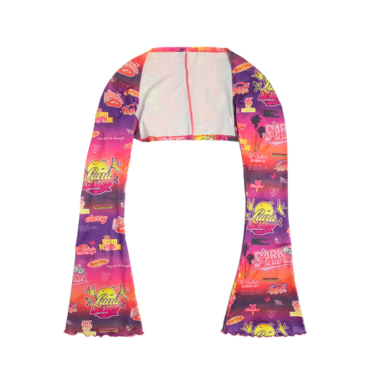 Front view of the Paradise Print Bolero Top featuring an all-over sunset gradient with Lana Del Rey logos, retro sticker graphics, palm trees, cherries, birds, and Paradise era inspired artwork on a sheer long-sleeve bolero.
