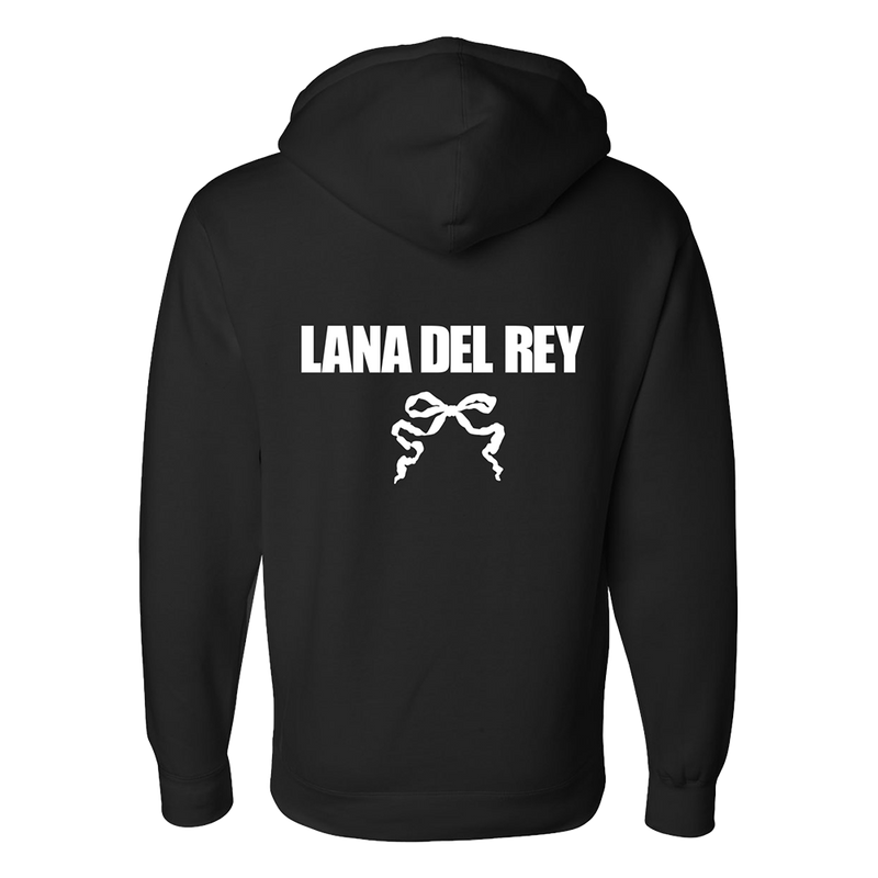 Back view of the Ribbon Print Black Zip-Up Hoodie featuring a bold white Lana Del Rey logo with a ribbon bow graphic printed on the back of a black hoodie, inspired by Lana Del Rey's vintage romantic style.