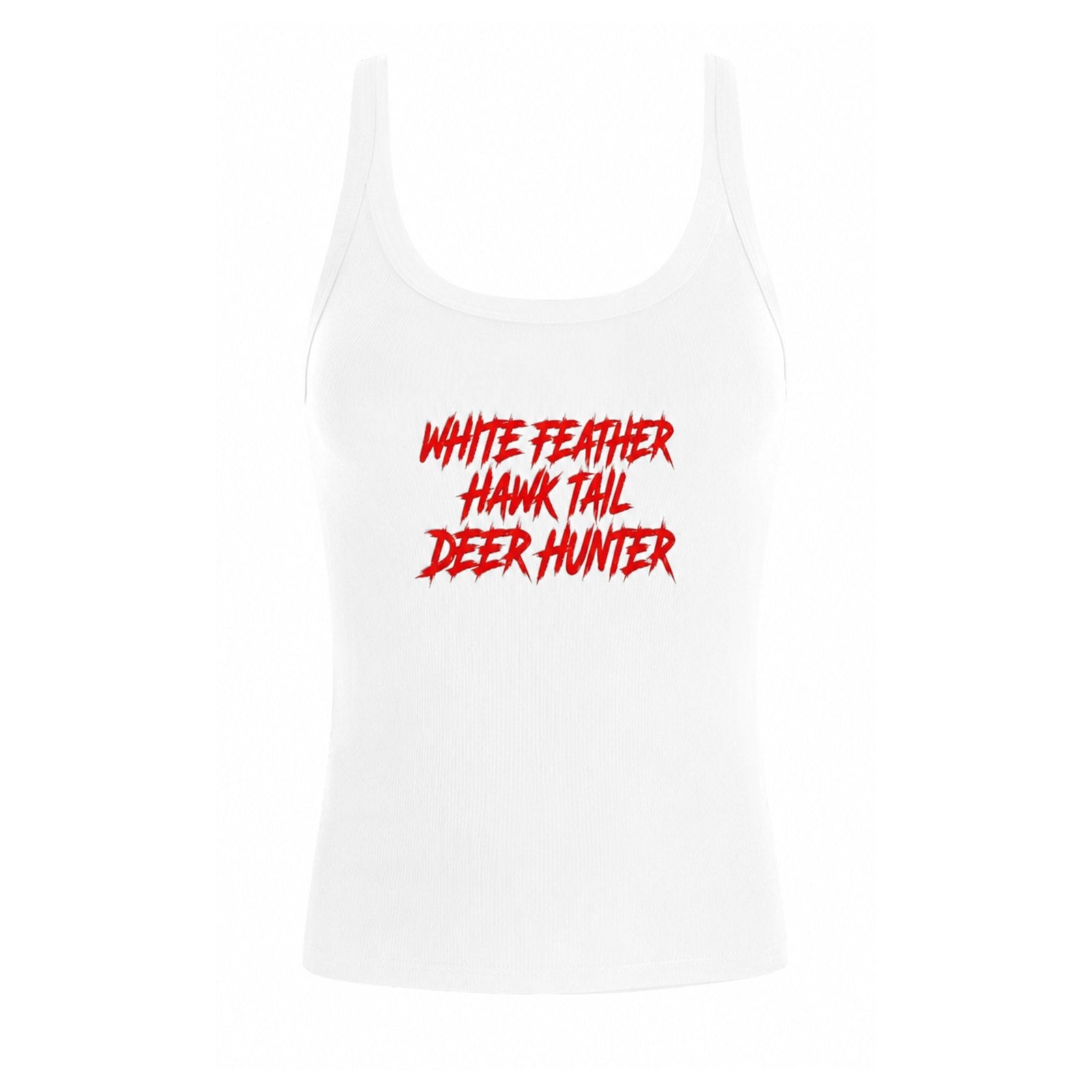 Front view of the White Feather Hawk Tail Deer Hunter Lightweight Ribbed Tank Top in white featuring bold distressed red "White Feather Hawk Tail Deer Hunter" lettering on a fitted ribbed tank, inspired by Lana Del Rey's upcoming Stove album merchandise.