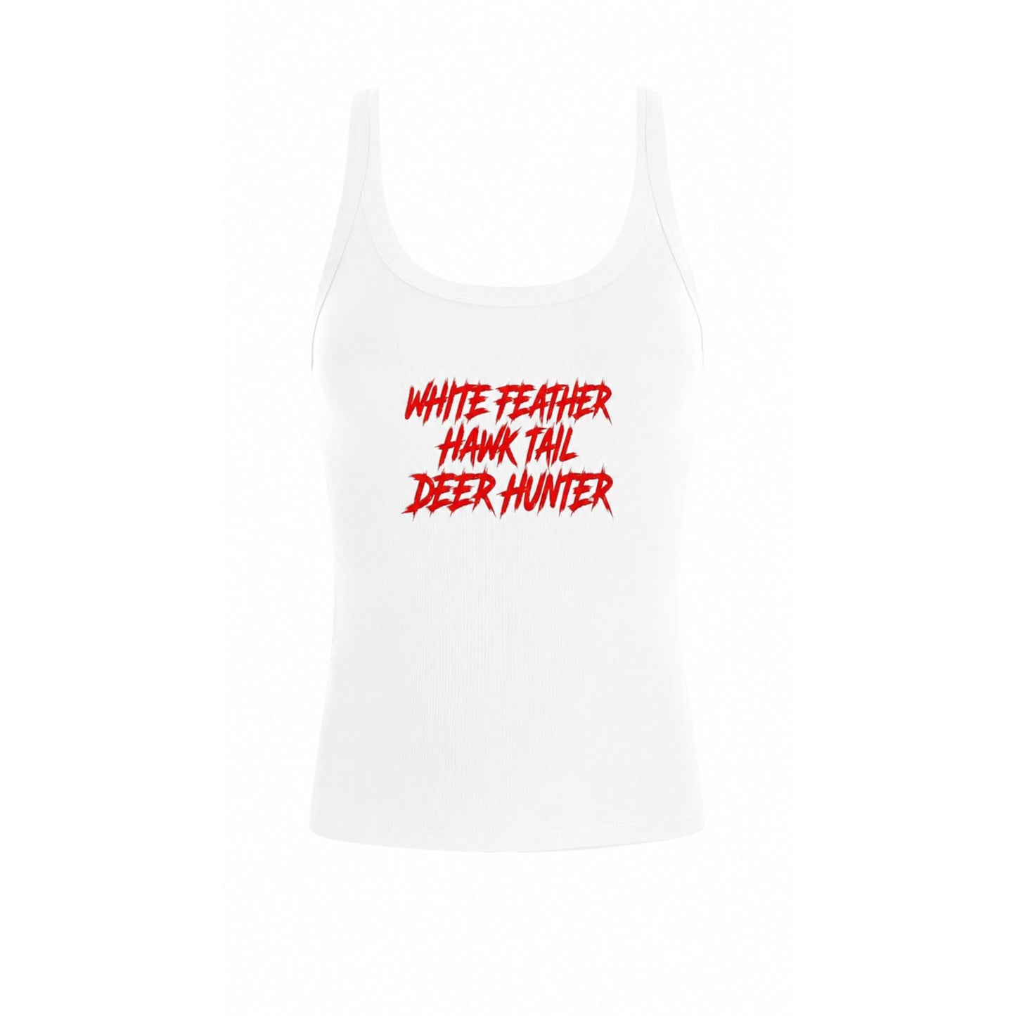 Front view of the White Feather Hawk Tail Deer Hunter Lightweight Ribbed Tank Top in white featuring bold distressed red "White Feather Hawk Tail Deer Hunter" lettering on a fitted ribbed tank, inspired by Lana Del Rey's upcoming Stove album merchandise.
