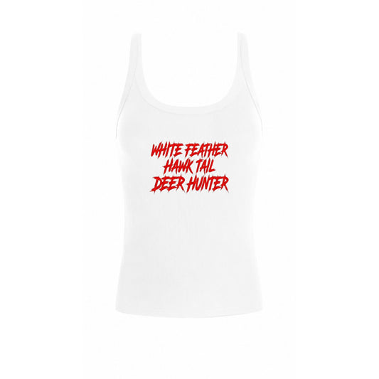 Front view of the White Feather Hawk Tail Deer Hunter Lightweight Ribbed Tank Top in white featuring bold distressed red "White Feather Hawk Tail Deer Hunter" lettering on a fitted ribbed tank, inspired by Lana Del Rey's upcoming Stove album merchandise.