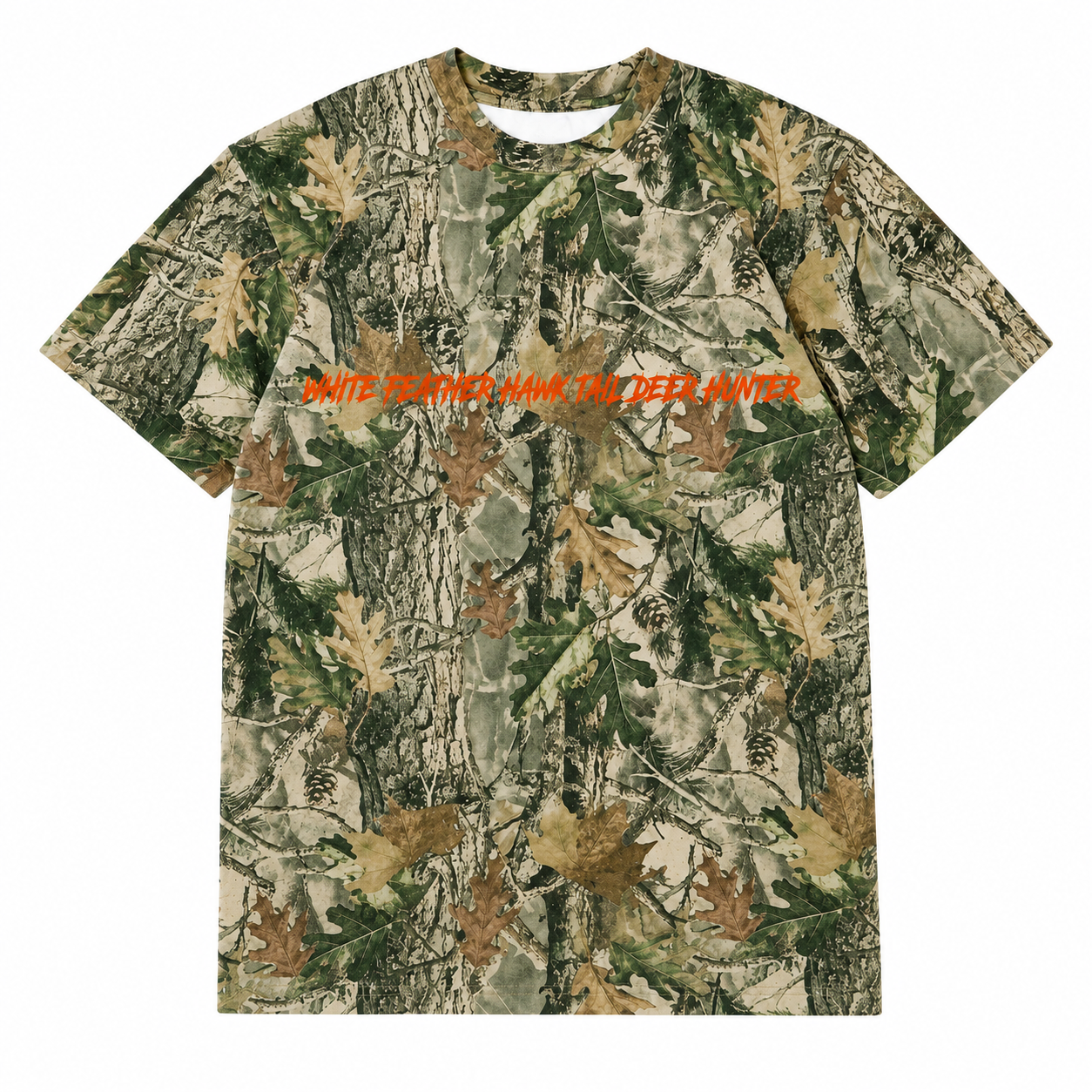 Front view of the White Feather Realtree Camo T-Shirt featuring an all-over Realtree camouflage forest pattern with bold orange "White Feather Hawk Tail Deer Hunter" graphic across the chest, inspired by Lana Del Rey's upcoming Stove album merchandise.