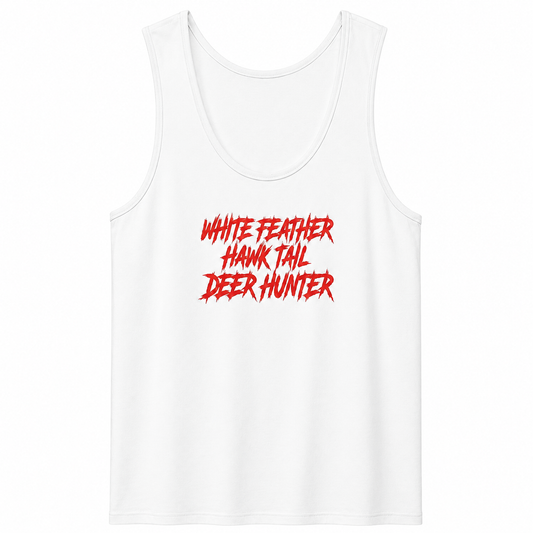 Front view of the White Feather Ribbed Scoop Neck Tank Top in white featuring bold distressed red "White Feather Hawk Tail Deer Hunter" graphic on a classic scoop neck sleeveless tank, inspired by Lana Del Rey's upcoming Stove album merchandise.